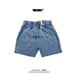 FIUNC潮牌原创设计大码高棉珠地棉做旧磨白蜡染五分短裤飞翔的鸟
