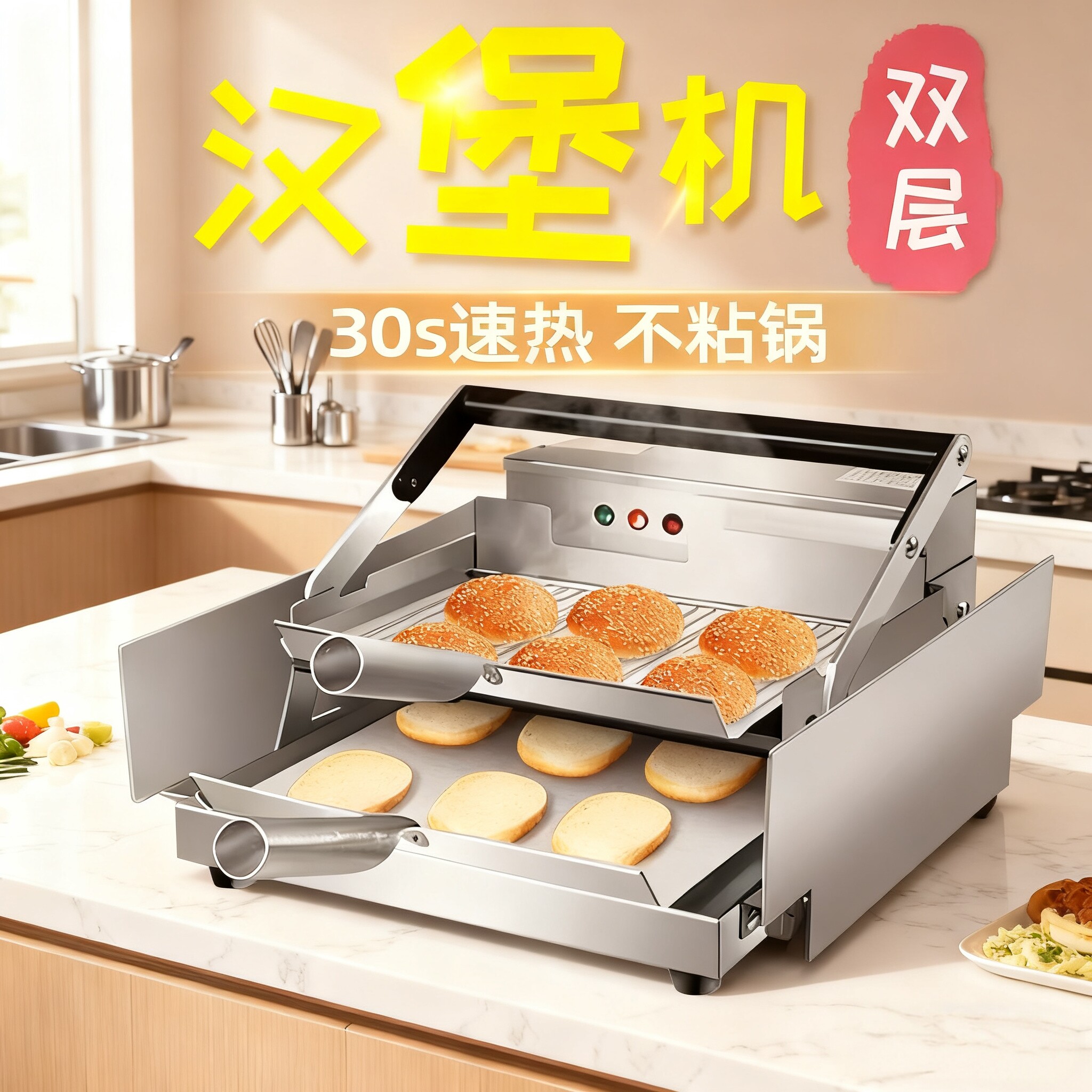 张大厨商用小型汉堡机汉堡炉双层烤烘面包机肯德基麦当劳店设备