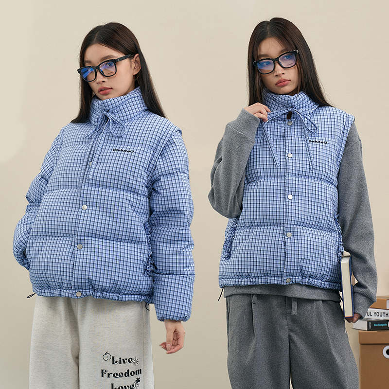 iSaluteU 潮牌复古格纹立领短款白鸭绒羽绒服可拆卸秋冬马甲外套