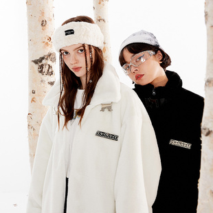 立领仿兔绒仿羊羔毛外套 iSaluteU羊羔绒LOGO开衫 明星同款