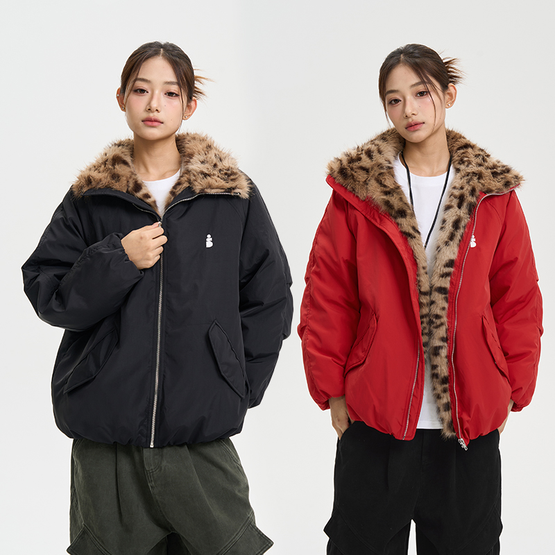 iSaluteU 90白鸭绒豹纹羽绒服潮流翻领冬季保暖拉链复古夹克外套