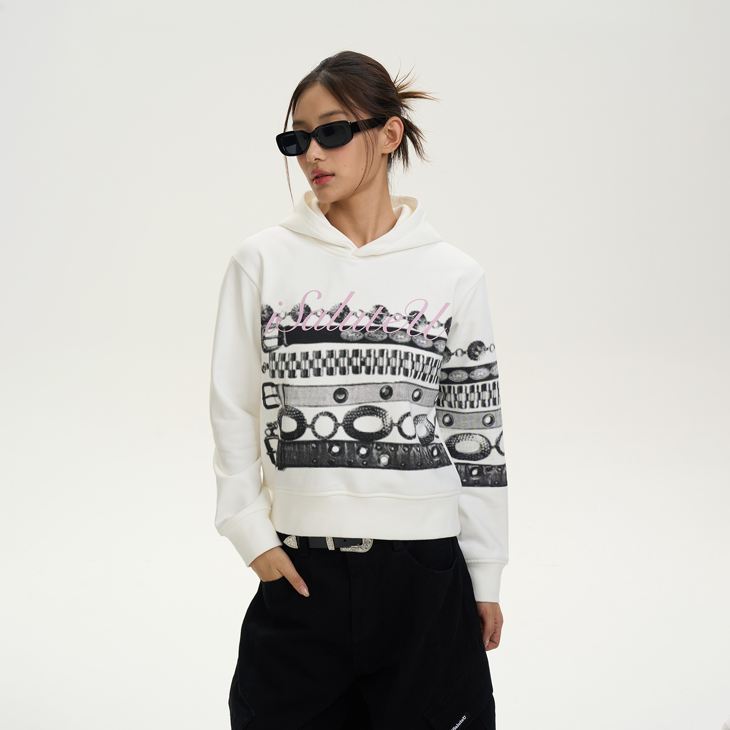 iSaluteU 美式复古游牧环皮带印花春秋季短款辣妹连帽卫衣外套