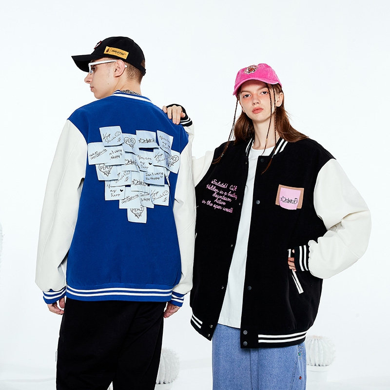 isaluteU个性拼接爱心便利贴织标棒球夹克ins情侣款立领宽松外套