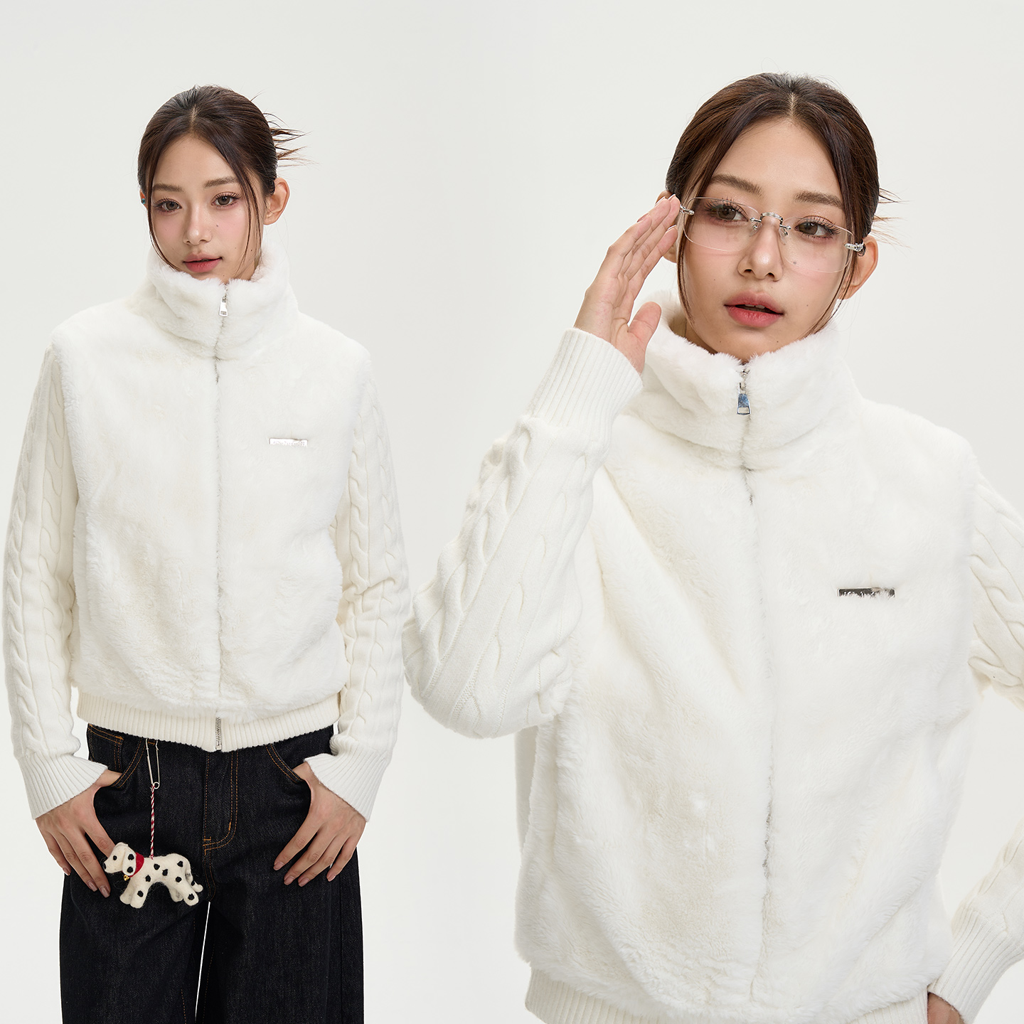 iSaluteU仿兔毛毛衣拼接外套小立领潮流秋冬保暖短款防风锁温棉衣