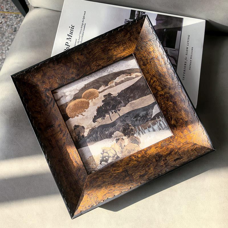 中古风皮革框小风众挂法式复古老钱FHI画客餐厅卧室走廊样板房装