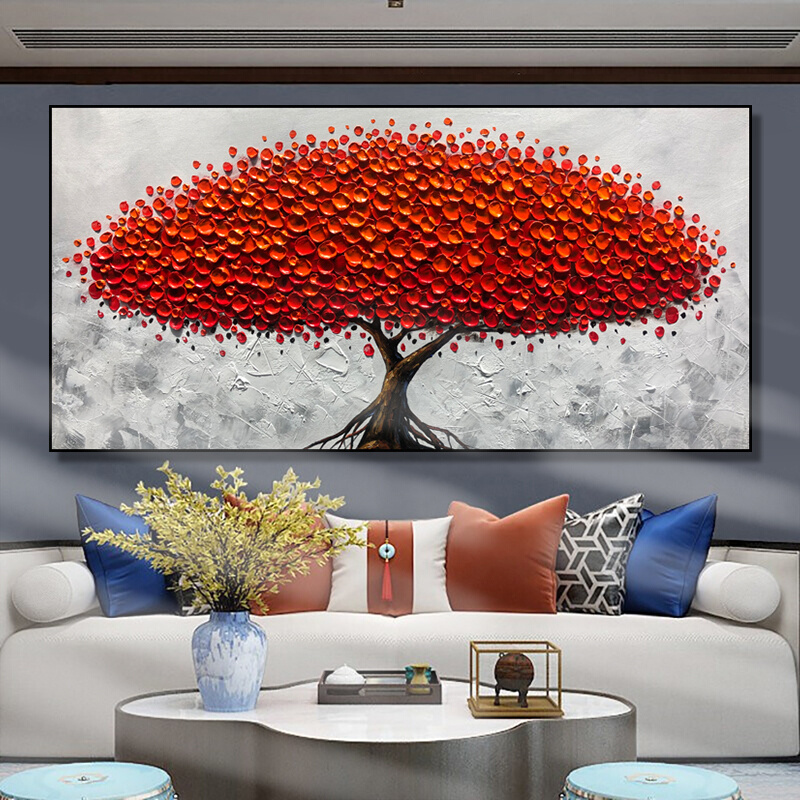 客厅轻奢手绘油画抽象手工沙发背景墙床头餐厅装饰挂画立体发财树图片