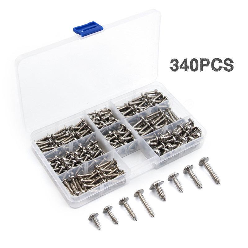 340PCS盒装 M3.5 M4.2 M4.8带垫304不锈钢螺钉 PWA 带介自攻螺丝
