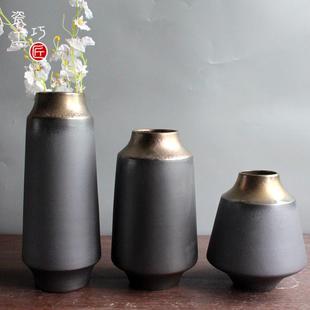 创意陶瓷器花瓶摆件创意黑金客厅酒柜装饰办公室手工瓷瓶