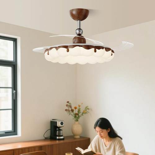 中古风隐形风扇灯吸顶灯奶油风泡泡主卧餐厅吊灯房间电扇一体吊灯