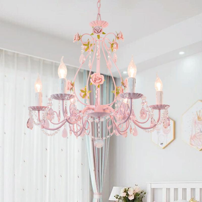 粉色韩式田园玫瑰水晶吊灯温馨儿童卧室灯轻奢女孩公主房创意灯饰