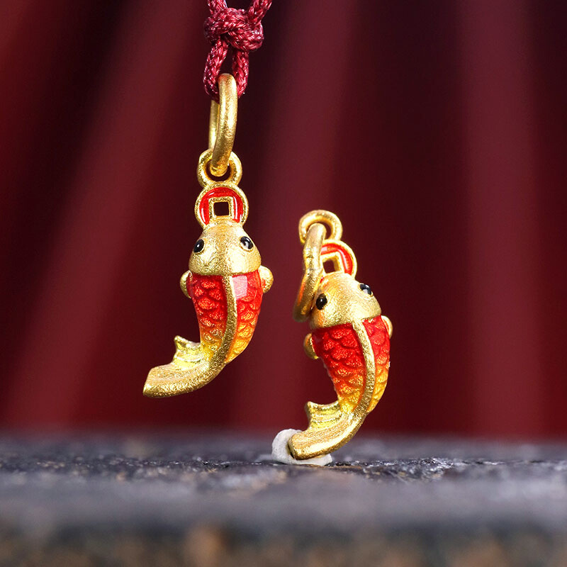 锦鱼黄金足金手工金珐琅烧蓝鸿运锦鲤吊坠项链挂坠小提溜铜钱鱼