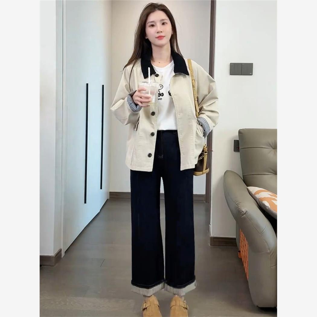 撞色翻领风衣外套女短款2025秋季新款小个子时尚休闲宽松夹克上衣