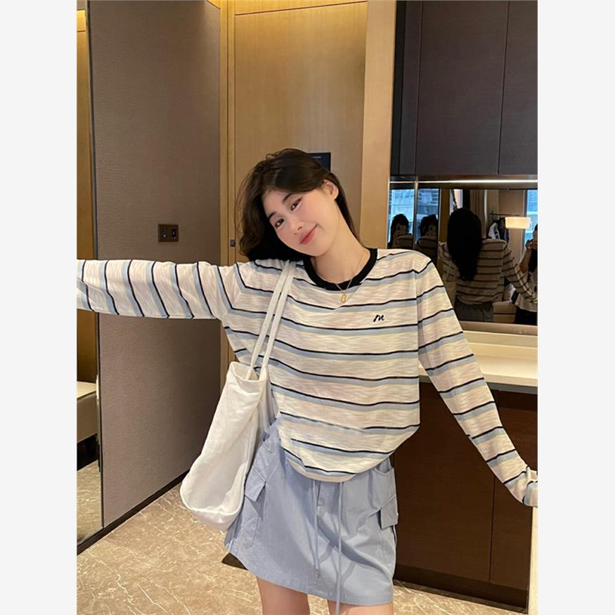 撞色条纹冰丝长袖防晒罩衫女夏季秋季宽松空调衫薄款针织T恤上衣