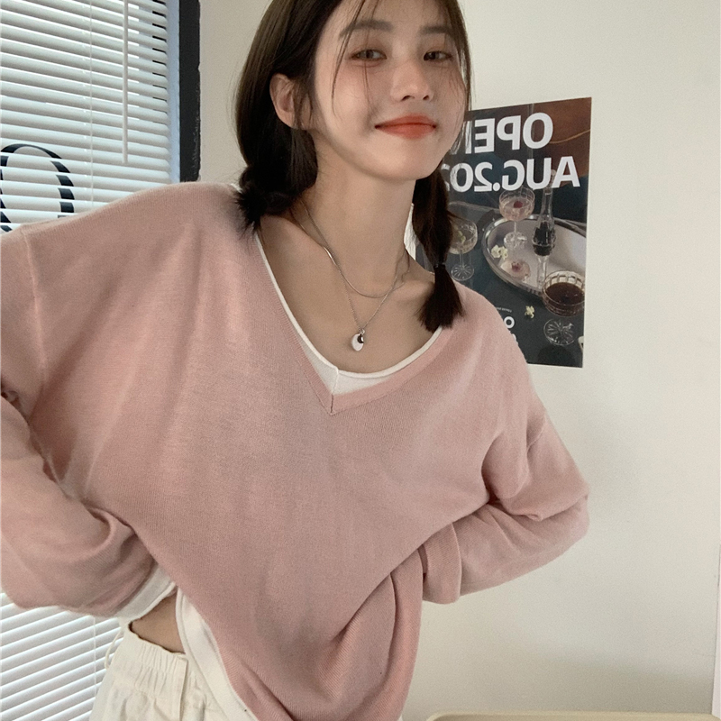 粉色V领假两件针织衫女早春宽松内搭毛衣打底衫韩系chic别致上衣