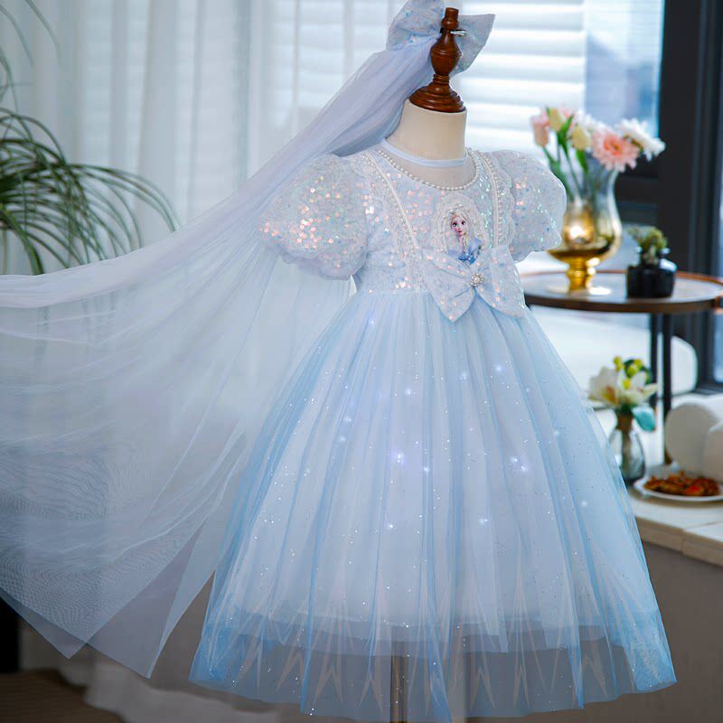 女宝艾莎公主裙夏季冰雪奇缘发光爱莎连衣裙小童高端elsa蓬蓬纱裙
