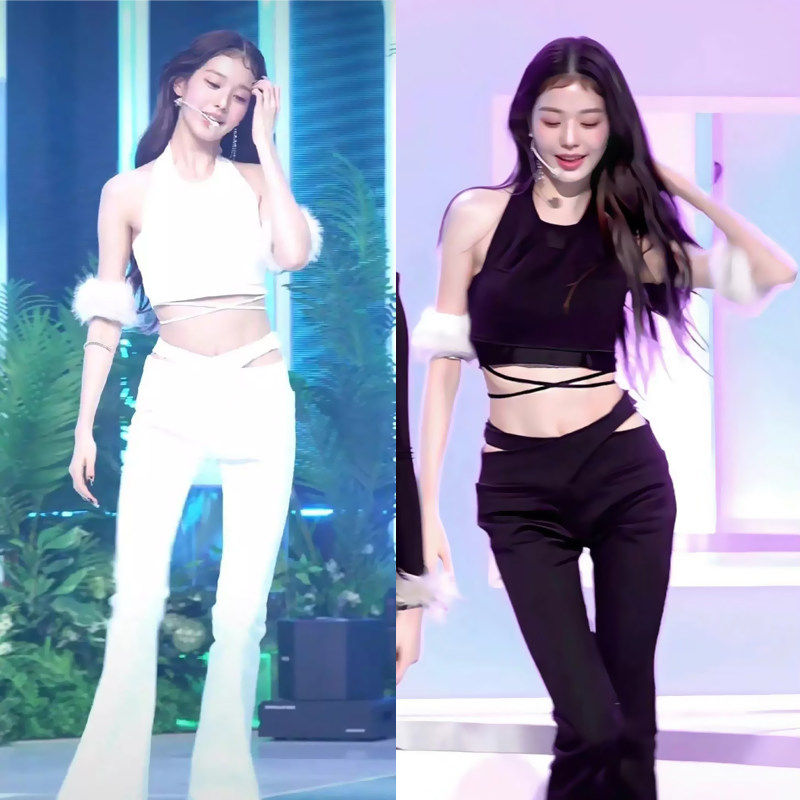 ive女团演出服张元英同款白色打歌服kpop韩舞爵士舞喇叭裤表演服