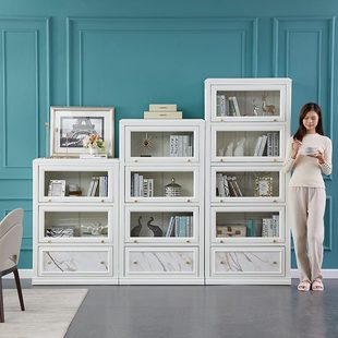 书柜组合实木客厅带玻璃门书架落地置物架白色家用收纳储物柜 美式