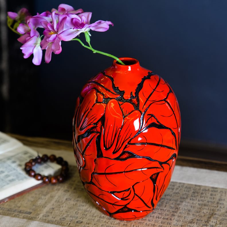 中式现代双耳如意红花漆器花瓶树脂工艺花器新房家居装饰摆件婚庆