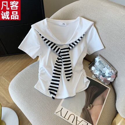 凡客诚品学院风海军领短袖T恤女夏季2026新款设计感条纹飘带修身