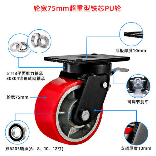 4寸5寸6寸8寸10寸12寸超重型脚轮万向轮铁芯聚氨酯PU轮机械设备轮