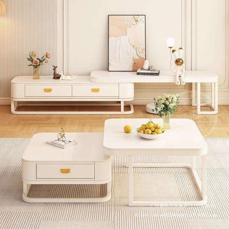 奶油岩板茶几客厅家用轻奢简约现代网红小户型玻璃电视柜组合套装