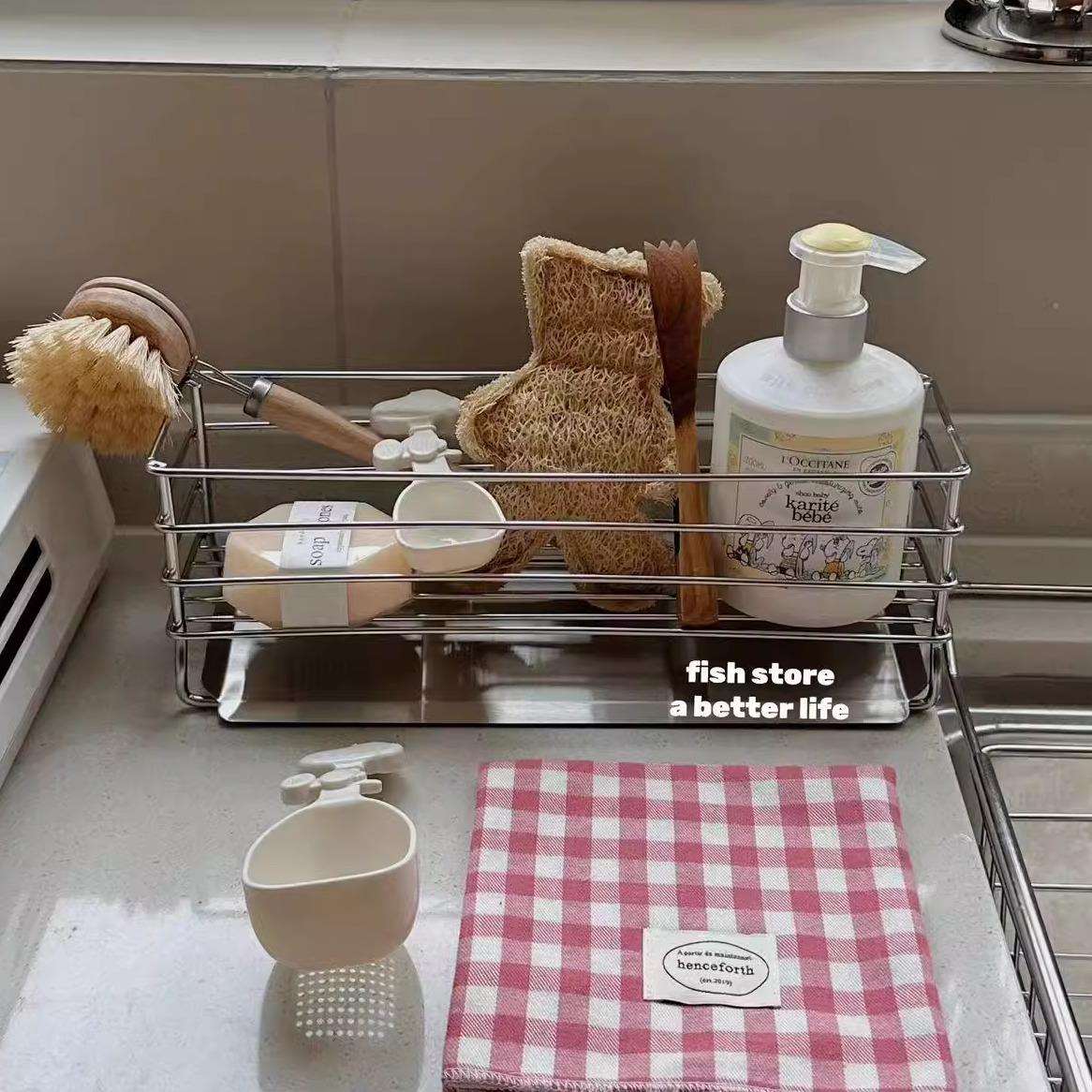 *Fish store*不锈钢海绵架水槽刷子洗手液厨房水池台面收纳置物架