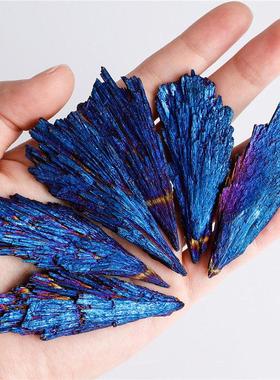不死鸟尾翼蓝色羽毛火焰电气矿石黑玺镀彩虹钛晶原石家居饰品摆饰