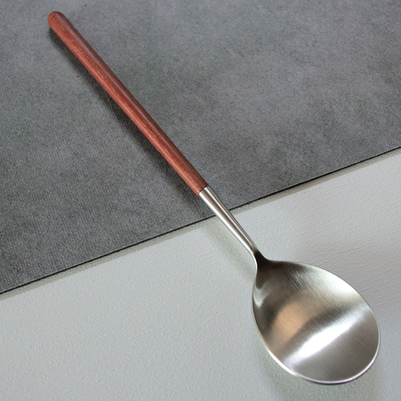 纤细花梨木圆柄304勺子亚u光不锈钢餐勺圆头饭勺长柄汤匙高档餐具