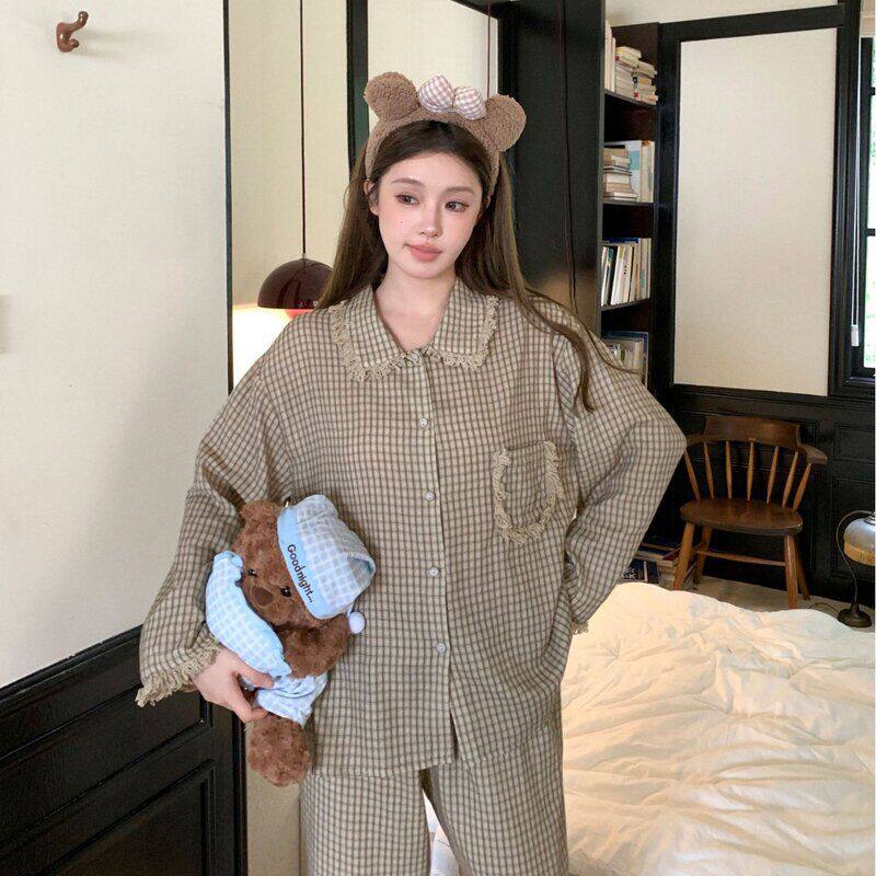 Yase【梦想家】春秋季新品女士翻领开衫长袖长裤锦棉格子时尚睡衣