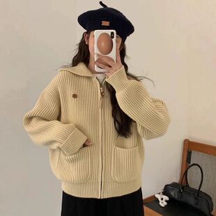 韩国egg连帽外套加厚款外穿口袋毛衣宽松款纯色坑条纹粗线针织衫
