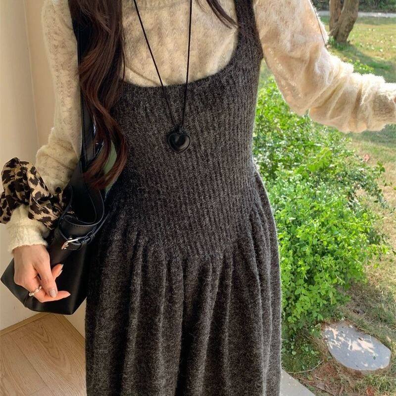 慵懒风针织吊带连衣裙秋冬2025新款无袖叠穿背心裙收腰长款毛衣裙
