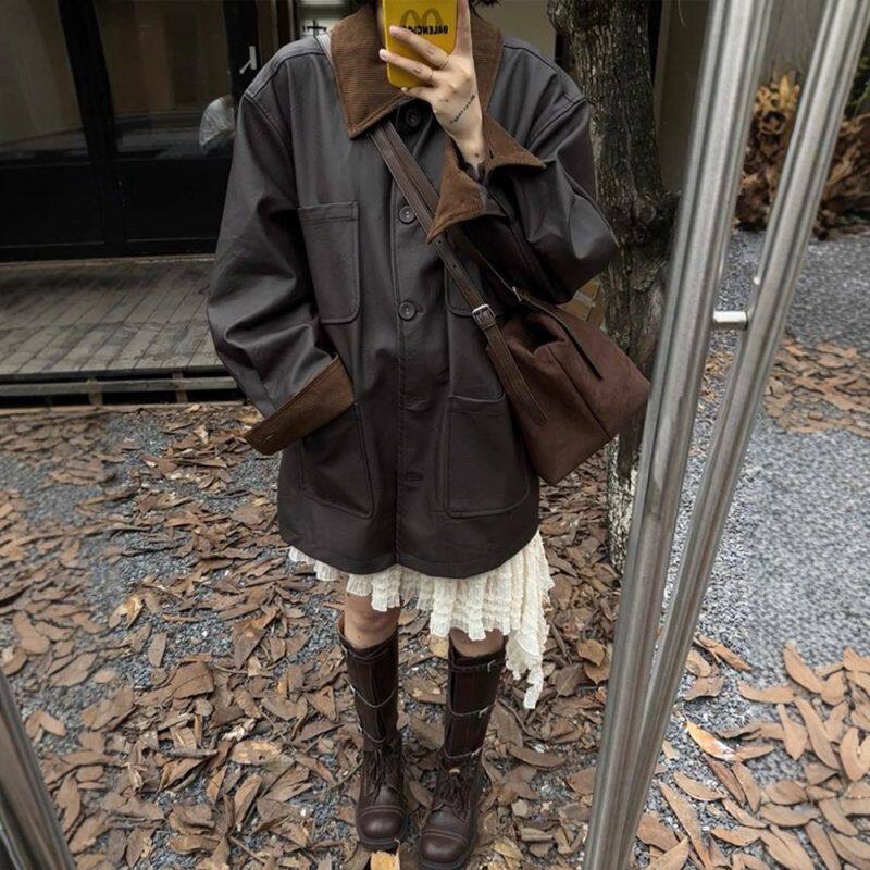 棕色撞色领皮衣外套女2025新款超火小个子皮夹克酷飒风正流行美式