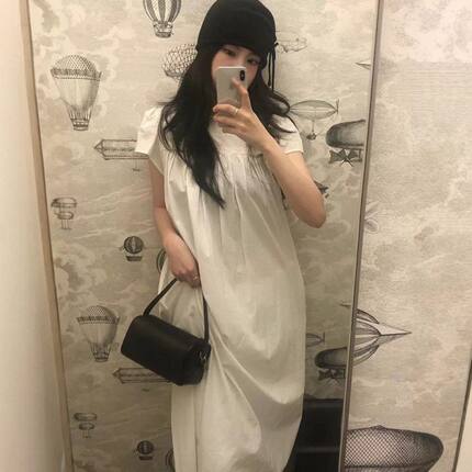 现货 纯色蕾丝立领短袖连衣裙2025夏季女收腰显瘦A字裙smoothmo*d