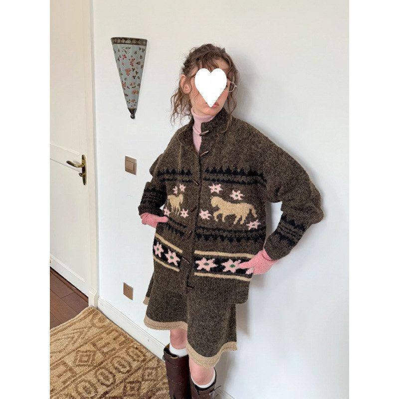 复古费尔岛毛衣套装提花针织开衫2025半身裙冬季两件套短裙