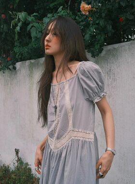 现货 法式复古蕾丝花苞镂空连衣裙2025夏季泡泡袖拼接A字裙flet*a