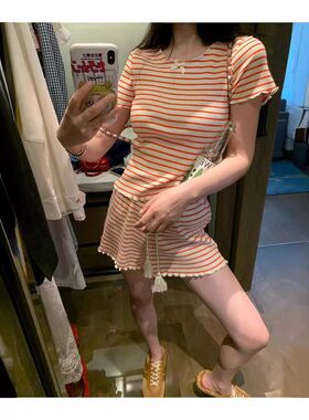 现货/MS夏日橘子海纯欲针织条纹T恤短裤夏季新款百搭短袖女
