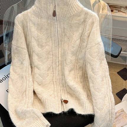 慵懒高领麻花针织毛衣女秋冬新款加厚宽松显瘦软糯双拉链外套上衣