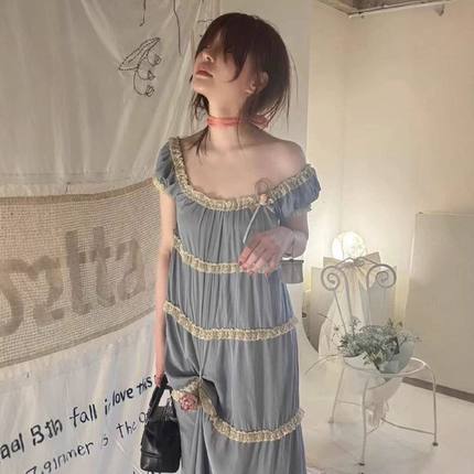 freckle法式蕾丝花边蛋糕裙2025夏季女宽松蓝色休闲长款连衣裙