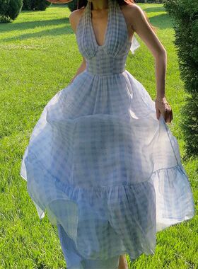 现货小XIAO 蓝色港湾雪纺V领吊带挂脖连衣裙2025新款夏法式仙女长