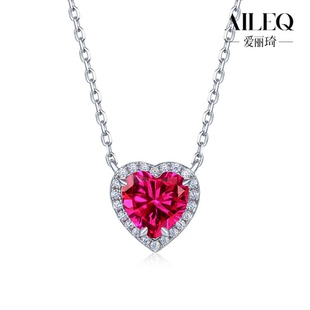 AILEQ镶钻S925纯银高级玫红色宝love爱心形吊坠简约百搭项链女款