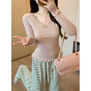 洗水木耳边打底女早安迪秋冬内搭上衣针织衫绒麻花系长袖v领