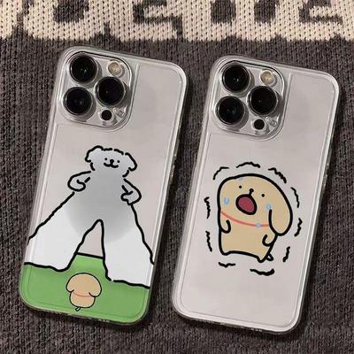 趣味发抖小狗情侣适配苹果16promax手机壳VIVO透明华为荣耀全包小米15/红米/OPPOVIVO卡通全包一加情侣保护壳