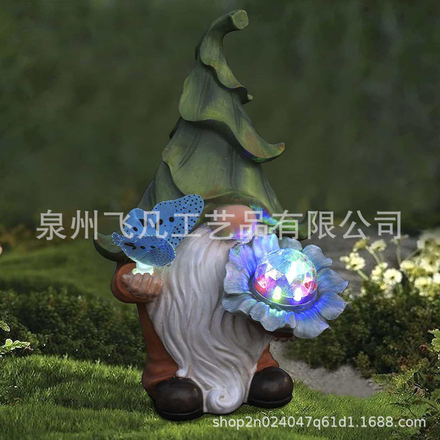 跨境树脂手拿花精灵小矮人侏儒蝴蝶太阳能灯户外庭院花园雕像摆件