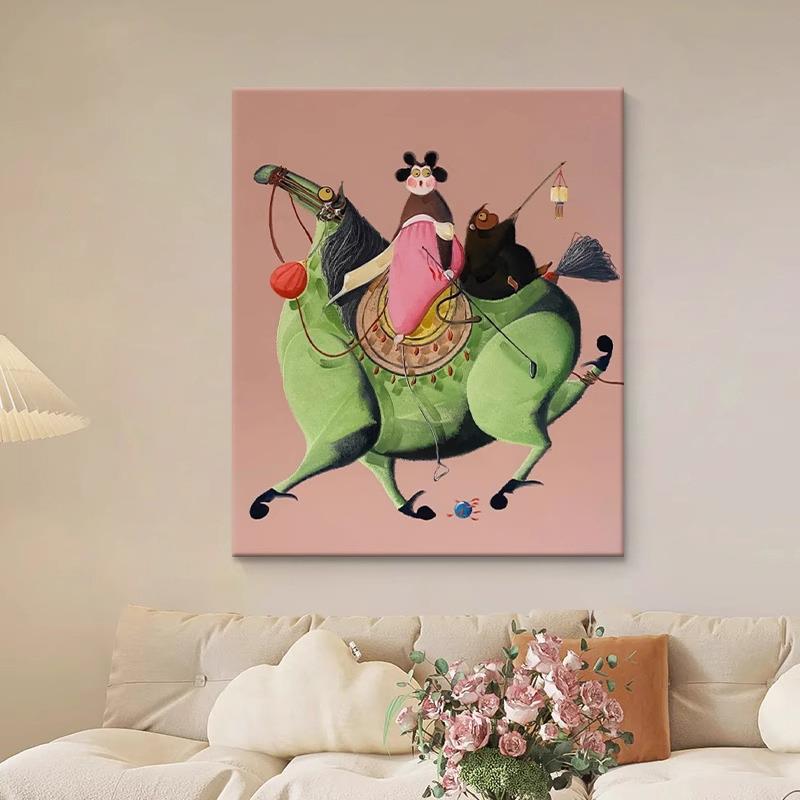 客厅抽象骏马油画感挂画小众艺术创意猴子马装饰画玄关竖版动物画