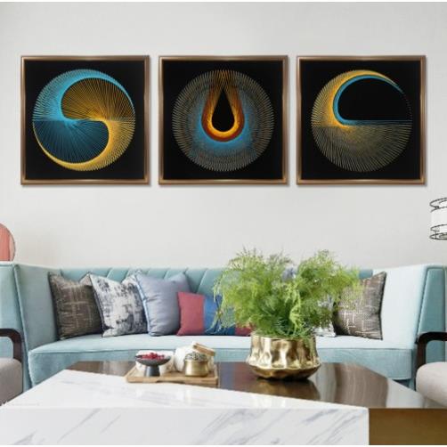 简约现代客厅卧室金丝线背景装饰画三联手工绕线现代