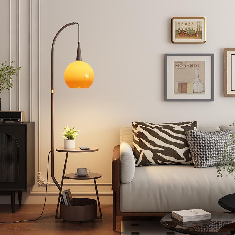 柚子灯中古客厅落地灯法式复古沙发旁边几置物摆件一体茶几豪华灯