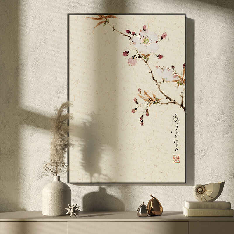 陶花新中式入户玄关装饰画餐厅挂画简约植物花卉竖版壁画柜上摆画图片