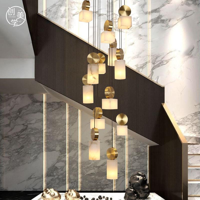 新中式全铜云石楼梯间吊灯复式楼别墅客厅挑高轻奢楼中楼餐厅灯饰