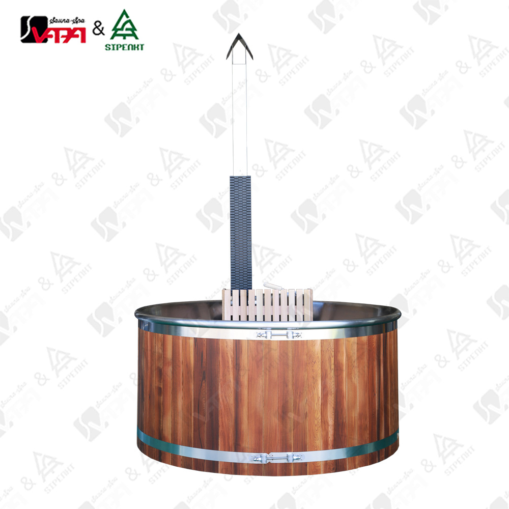 工厂发货 宽木板圆形红雪松-不锈钢-方烟囱-一体内置炉热水浴缸