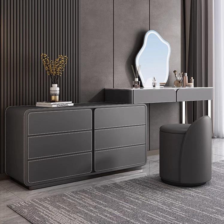 新款意式极简设计师马鞍皮岩板六斗柜梳妆台电视柜收纳一体化妆台